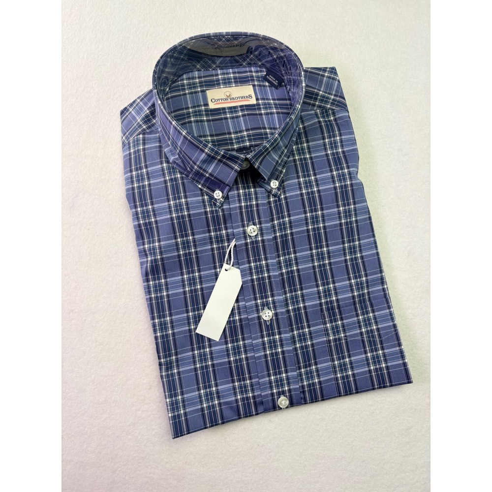 Cotton Brothers Plaid Button Down Mens L Blue NWT Long Sleeve Stretch Shirt